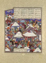 夜に襲われた取り憑かれたイランのキャンプ、シャーナマからのフォリオ241r...、ca。 1525-30。