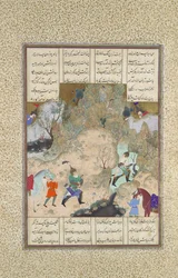 The Final Joust of the Rooks: Gudarz Versus Piran, Shahnama からの Folio 346r..., ca.1525-30.