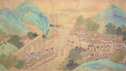 Chaio Ping Chen (1661-1722) の後、1699 年に康熙帝が江漢を訪れた (絹の裏紙にインクと色)