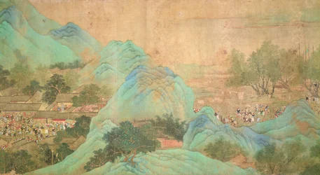 Chaio Ping Chen (1661-1722) の後、1699 年に康熙帝が江漢を訪れた (絹の裏紙にインクとカラー)