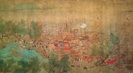 Chaio Ping Chen (1661-1722) の後、1699 年に康熙帝が江漢を訪れた (絹の裏紙にインクとカラー)