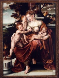 アレゴリーのチャリティ。ヤン・マシス（Matsys or Metsys or Matsijs）（1509-1575）の絵画 1549-1550年 薄暗い。126x93 cm ゲネス、ストラーダ・ヌオーヴァ美術館（元パラッツォ・ビアンコ