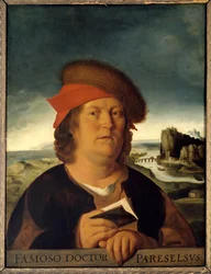 医師パラケルスス（1493-1541年）（パラケルスス・アラケルスス、またはテオフラストゥス・ボンバストゥス・フォン・ホーエンハイム）の推定肖像画。絵画。クエンティン・メツィス（1465/1466-1530年）の失われた原作に基づく模写。寸法：0.72 x 0.54 cm。ルーヴル美術館。