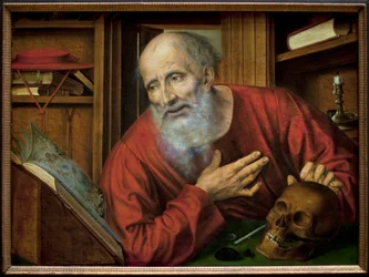 独房の中の聖ジェローム。クエンティン・メッツィス（Quinten Metsys）（1466-1530）の絵画、16世紀前半、フランドル地方の原始美術。オーストリア、ウィーンの美術史博物館。