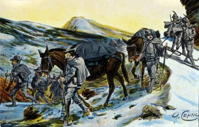 第一次世界大戦：1915年、ラバを持って認識しているイタリアのアルプスの猟師のグループ。イラスト：Qinto Cenni (1845-1917)