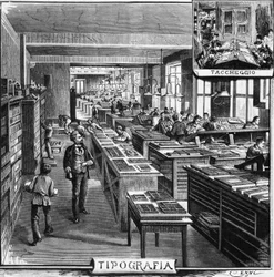 トレベス兄弟の事務所、タイポグラフィと重ね刷り、イタリア・ミラノ、イラスト：クイント・チェンニ（1845-1917）「L