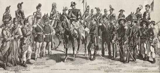 1859年のピエモンテ軍：歩兵、砲兵、工兵、擲弾兵、将校、将軍、槍兵、騎兵、銃兵、L