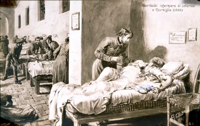 イタリアの愛国者ジュゼッペ・ガリバルディ（1807-1882）は、パン・ボレル（Pane Borel）の名で、1836年にマルセイユでコレラ患者に看護師をしていた。19世紀の絵葉書 プライベート・コレクション