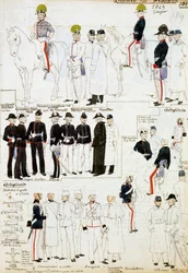1849年のモデナ公国の軍服、水彩画による軍隊スケッチのCenni Codexコレクションからのプレート