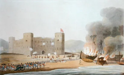 1809年11月27日のルフト砦への攻撃。「16 Views of Places in the Persian Gulph, taken in the Year 1809-10 illustrative of the Proceedings of the Forces employed on the Expedition from Bombay」より、I.クラークの彫刻、1月発行
