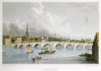 ニューカッスル・アポン・タイン、イングランド、c1830 のタイン川を渡る石造りのアーチ橋。