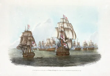 フランス提督の船から最初の砲が発射されたトラファルガーの海戦でのHMS「ヴィクトリー」と「エウリュアラス」（カラーリトグラフ）