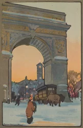 冬のたそがれ時のワシントン・アーチ、1914年。