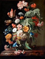 "Nature morte aux fleurs" (Still-Life with Flowers) Peinture de Rachel Ruysch (1664-1750) - Oil on canvas - Dim 70,5x58,5 cm Hallwylska Museet, Stockholm