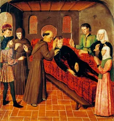 傷で亡くなった男性の復活、ラファエル・トーマス (1455 年から 1479 年に活動) による聖ベルナンドの祭壇画の左側のパネルの詳細、ジョアン・フィゲラ (1454 年から活動 - 1477 年または 1479 年に活動) によるプレデラ、パネル上のテンペラ、398、 9x253cm