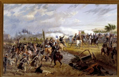 リソルジメント: 「「サン マルティーノの戦い」」ソルフェリーノの戦いのエピソード 1859 年 6 月 24 日 (1859 年 6 月 24 日のサン マルティーノの戦いの眺め) ラファエレ ポントレモリ (1832-1905) による絵画 1897 Dim 136x86 cm アスティ 、市立ピナコテカ