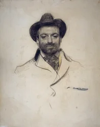 「『スペインの画家・写真家ホセ・マリア・セルト（1874-1945）の肖像』」 ラモン・カサス（1866-1932）による木炭画 1904年 個人蔵