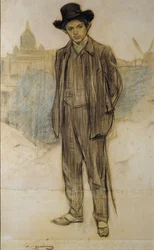 パブロ・ピカソの肖像 - ラモン・カサス (1866-1932) の作品 - c. 1900年 - 紙にパステル - 69x44.5 - カタルーニャ国立美術館、バルセロナ