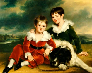 ニューファンドランド犬と2人の男の子の肖像画