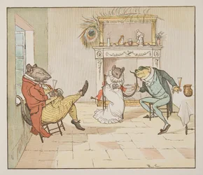 "Pray, Mr Frog, will you give us a Song?", The Hey Diddle Diddle Picture Book, pub.1882より（カラー彫刻）。