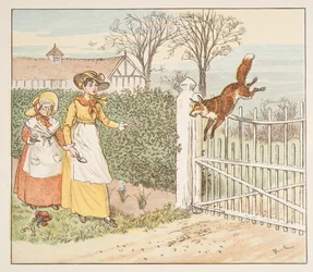 パーソンズゲートを飛び越えるキツネ（1882年に出版された「The Hey Diddle Diddle Picture Book」より）（カラー印刷