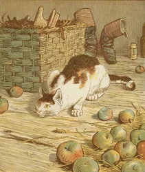 ジャックが建てた家」累積的な童謡。 麦芽を食べたネズミを食べた猫。 イラストはランドルフ・コルデコット。