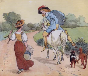 可愛いメイドさん、どこへ行くの？」 童謡「牛乳を注ぐ女」のランドルフ・コルデコットによるイラスト。