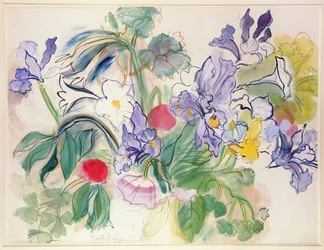 花菖蒲と赤いポピーの花束、1948年頃（紙に水彩画）