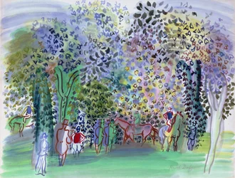 木の下の馬とジョッキー、1930-1年頃（水彩画）