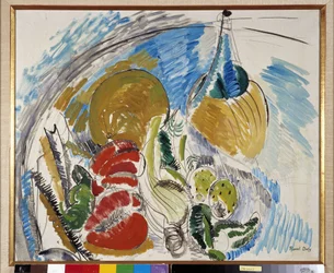 テーブルの上の果物、野菜、ワインボトルの静物画