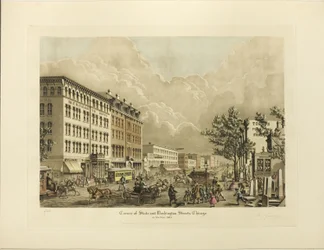 1865 年、シカゴ、ステート ストリートとワシントン ストリートの角