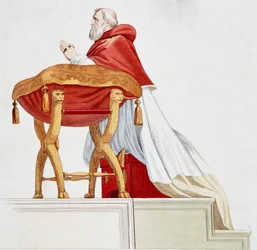 祈りを捧げる教皇ジュール2世の肖像。ラファエロ（Raffaello Sanzio）の絵の後のエングレーヴィング