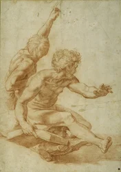 変容」における聖アンデレと他の使徒のヌード習作、1517年頃（クリーム色の紙にスタイラスで描いた上に赤チョークで描いたもの
