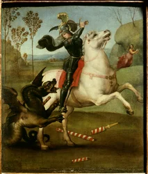 竜と闘う聖ゲオルギウス ラファエロ（1483-1520/イタリア） 木パネルに油彩 - 「竜と闘う聖ゲオルギウス」 ラファエロ・サンツィオ（ラファエロ）（1483-1520）の絵画 1505年 日。0,29x0,25 m