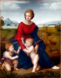 大草原の聖母」または「ベルヴェデーレの聖母」 ラファエロ（Raffaello Sanzio 1483-1520）の絵画 1506年 日。113 X 88 cm ウィーン美術史博物館