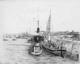 ボルドー港のボート、1900年頃（紙に鉛筆、木炭）