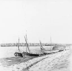 ボルドー港のボート、1900年頃（紙に鉛筆、木炭）