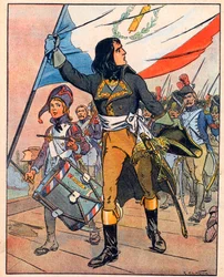 最初のイタリア遠征：ナポレオン・ボナパルト（1769-1821）、1796年11月、アルコール橋の戦い」（1920年頃の「Nos-Gloires-Nationales」より引用）（エングレーヴィング