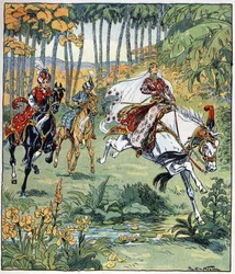 パリザードは競馬で兄弟のバフマンとペルヴィスを追い抜く。レイモン・ド・ラ・ネジエール（1865-1953）による、『1001の夜』（les 1001 nuits or Le mille e una notte, A）の中の物語「Histoire desux sœurs jealous de leur cadette」の挿絵。