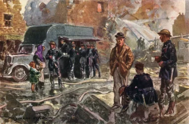 Bombeiros do British National Fire Service em tempo de guerra usando uma cantina móvel durante a Blitz, Segunda Guerra Mundial