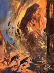 電撃戦、第二次世界大戦中に崩壊した建物から逃げる戦時中の英国国営消防隊の消防士