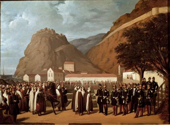 アルジェリアの征服 (1830-1847): Abd el Kader (Abd-el-Kader または ibn Muhyi al-Din al-Hasani (al Din al-Hasani) (1808-1883)) の Aumale 公とフランスへの提出 1847 年 12 月 24 日のアーミー - レジス オーガスティン (1813-1880) による絵画 19 世紀のマッスル