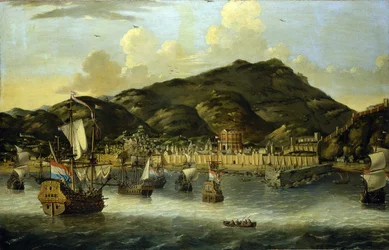 トリポリ（リビア）沖のオランダ船と港と街の城壁。ライニエ・ヌームス（1623-1667）による油絵。