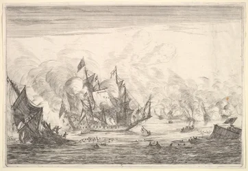 左側にイギリスの船の創設者との海軍の戦い、海軍の戦いNieuwe Sc ...、1652-54から。