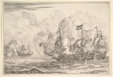 右側の3隻の船との海軍の遭遇、海軍の戦いからNieuwe Scheeps Bat ...、1652-54。