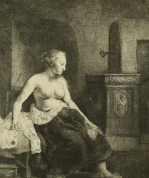 ストーブの横でハーフドレスを着た女性、1658年