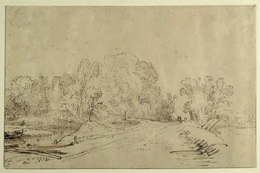 ボート、堤防の道、木がある運河（紙にリードペン＆インク、ウォッシュ