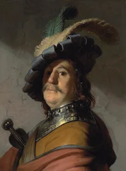 胸当てと羽毛のベレー帽を持つ男の肖像 - レンブラント・ファン・レイン (1606-1669) の絵画