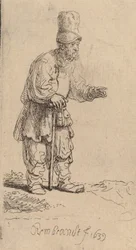 高い帽子をかぶった農民、棒にもたれかかって立っている、1639年。