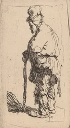 棒にもたれかかる物乞い、左向き c. 1630年。